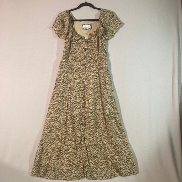 Anthropologie Dress 4 Cheetah Fit/Flare Full Button Flutter Sleeve‎ Cottagecore - Picture 1 of 11